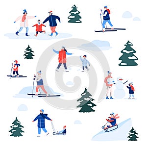 Vector set with fun outdoor activities for children and adults in winter season.