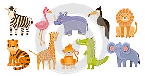 Vector set with funny animals of africa and jungle. Lion, tiger, crocodile, zebra, flamingo and others. Trendy kids illustrations