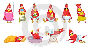 Vector set of funny baby parrots illustrations.