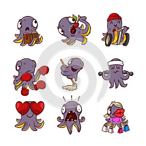 Vector set of funny purple octopuses in different actions. Humanized sea creatures with tentacles. Cartoon characters