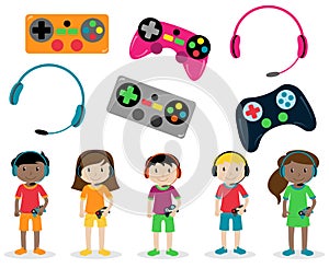 Vector Set of Gamer Themed Controllers and Headphones and Gamer Kids