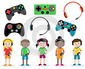 Vector Set of Gamer Themed Controllers and Headphones and Gamer Kids photo