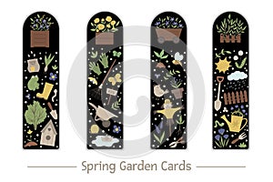 Vector set of garden bookmarks for children. Cute gardening tools, flowers, plants on black background.  Spring vertical layout