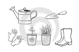 Vector set of garden tools: watering can, protective gloves, rubber boots, scoop, pots with sprout, seedlings