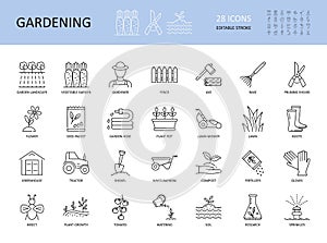 Vector set of gardening icons. Editable Stroke. Plant flower care agriculture water shovel lawn grow. Vegetable seed pot grass