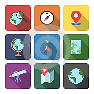 Vector set of Geography icons flat style with long shadow. Earth globe, compass, location, direction, telescope, atlas map vector
