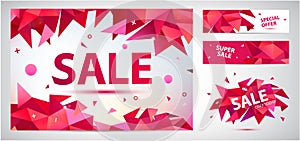 Vector set of geometric anstract sale banners, discount facet triangular red backgrounds, horizontal orientation