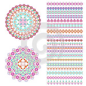 Vector set of geometric borders and mandalas in ethnic boho style. Collection of pattern brushes inside