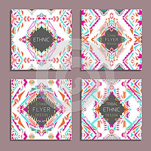 Vector set of geometric colorful backgrounds. Card templates for business and invitation. Ethnic, tribal, aztec style