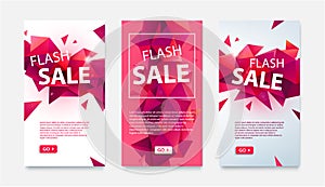 Vector set of geometric social media banners for online shopping, flash sale. Low poly facet red illustrations for