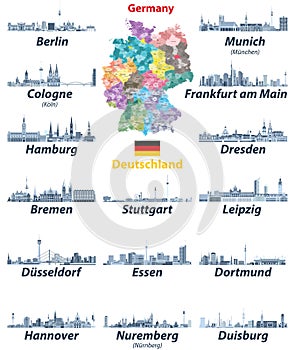 Vektor sada skladajúca sa z nemecko najväčší mesta panorámy ikony v z modrý farba palety. a vlajka z nemecko 