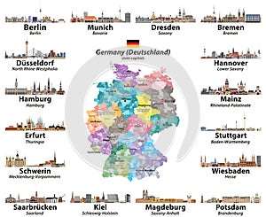 Vector set of Germany map with state capitals cities skylines. All layers are labelled and well organized