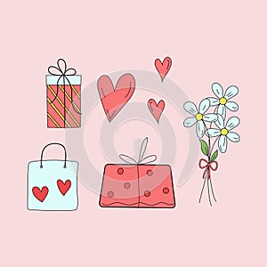 Vector set - gifts, hearts, bouquet of flowers, festive packaging.