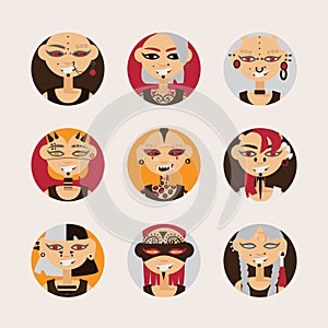 Vector set with girls characters, drawn with body modifications, piercing and tattoo in circle shapes. Women portraits in various