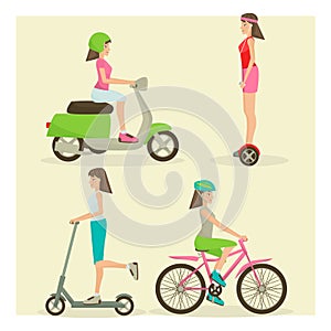 Vector set of girls riding modern street transport flat symbols