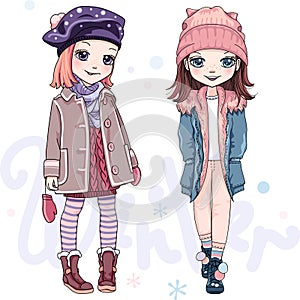 Vector SET girls in winter clothes