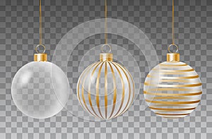 Vector set of glass transparent christmas decorative baubles with golden ribbon stripes hanging on string