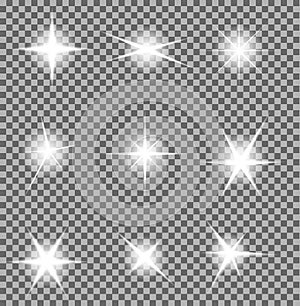 Vector set of glowing light bursts with sparkles on transparent background. Gradient stars, lightni