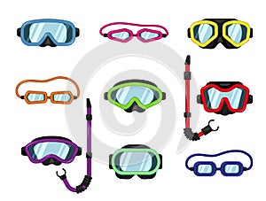 Vector set of goggles, dive or scuba mask with snorkel for underwater swimming, diving.