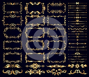 Vector set of gold decorative borders, frames, dividers, on a dark background