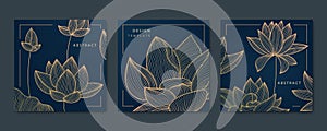 Vector set of gold line lotus, flowers cards, square luxury design patterns, borders, frames. Use for package, social