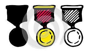 Vector set of gold medal with red ribbon. A hand-drawn doodle-style medal with a black outline and a silhouette with a gold round