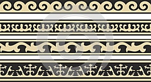 Vector set of golden and black seamless Kazakh national ornament