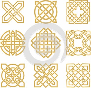 Vector set of golden celtic knots. Ornament of ancient European peoples.