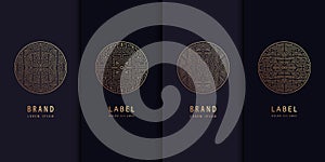 Vector set of golden label design patterns. Circle art deco logos, cosmetic, chocolate, tea, wine package. Luxury royal