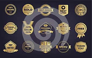 Vector set of golden shop vintage, retro badges, labels, tags. Store signs