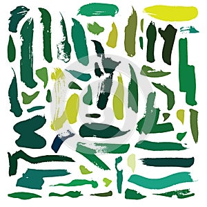 Vector set with green brush blobs and strokes. Hand drawn imprints isolated on white background