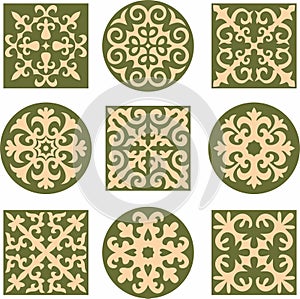 Vector set of green and gold signs Kazakh national ornament.