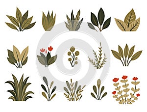 Vector set of green tropical plants and flowers isolated from background. Collection of flat hand drawn greenery bushes