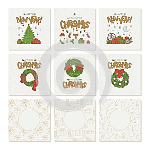 Vector set greeting cards with gold lettering Christmas and new year seamless patterns. Holiday symbols and wreath