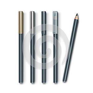 Vector set of Grey Blue Cosmetic Makeup Eyeliner Pencils with Golden Silver Transparent Caps Isolated on White