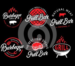 Vector set of grill bar and bbq labels in retro style. Vintage grill restaurant emblems, logo, stickers and design