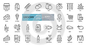 Vector set of 29 grocery icons with editable stroke. Images of the departments of the grocery store, online sales, geo delivery, photo