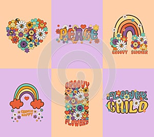 Vector set with groovy colorful retro compositions, Peace word with flowers, hippie floral clipart