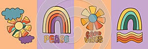 Vector set with groovy colorful retro elements, retro rainbows and flowers clipart