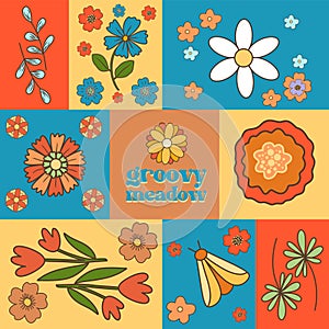 Vector set with groovy colorful retro floral elements and moths