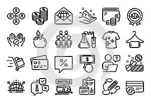 Vector set of Group people, Coins and Chemistry lab line icons set. Vector