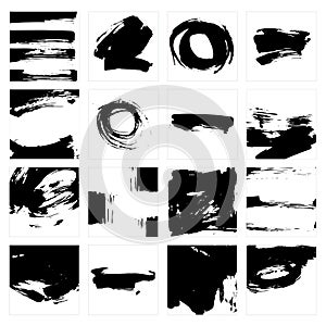Vector set of grunge brush strokes in squares on white background.