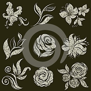 Vector set of grunge leafs and flowers