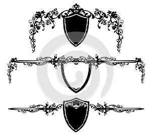 vector set of guard shield, knight sword and roses black silhouette page decor