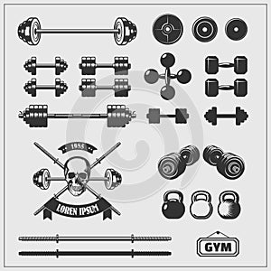Set of gym equipment and design elements.