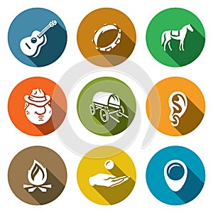 Vector Set of Gypsy Camp Icons. Guitar, Tambourine, Horse, Romany, Dray, Ring Ear, Bonfire, Beggar, Nomad.