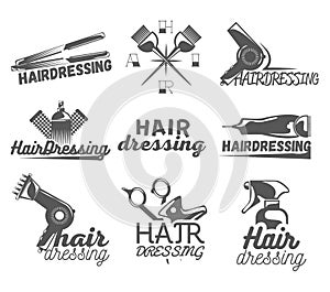 Vector set of hair salon labels in vintage style. Beauty and barber shop, scissors, blade.