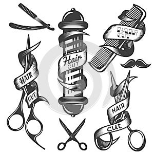 Vector set of hair salon vector labels in vintage style. Hair cut beauty and barber shop, scissors, blade.