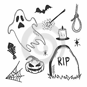 Vector set of halloween clipart. Funny, cute illustration for seasonal design, textile, decoration kids playroom or greeting card