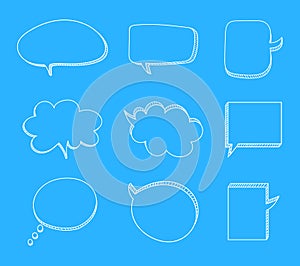 Vector Set of Hand Drawn 3D Talk Bubbles, White Chalk Drawings on Light Blue Background.